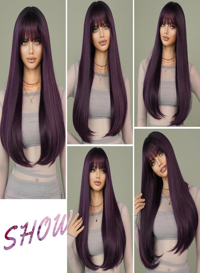 7JHH WIGS Long Straight Dark Purple Wig with Bangs 28in Purple Wig with Black Roots Natural Heat Resistant Fiber Synthetic Red Layered Wigs for Women Girls Holiday Festival Chrismas Daily Party Used - Image 5